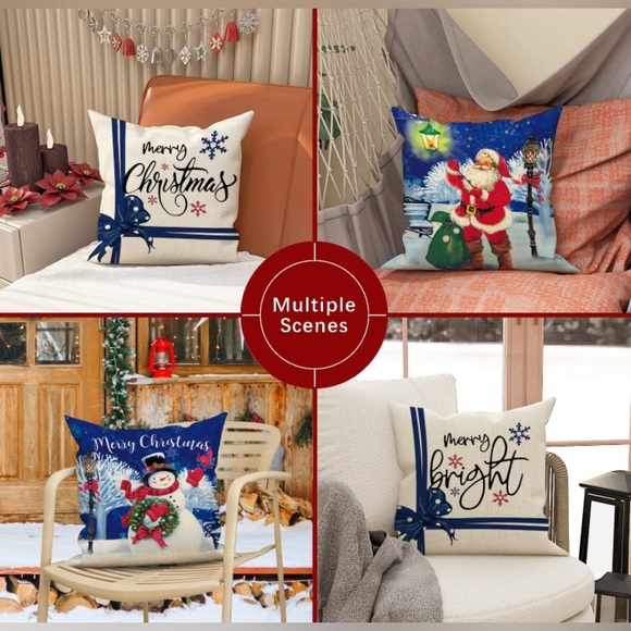 Christmas Throw Linen Pillow Covers 18x18 Inch Set of 4, Winter Merry Christmas - Picture 3 of 8